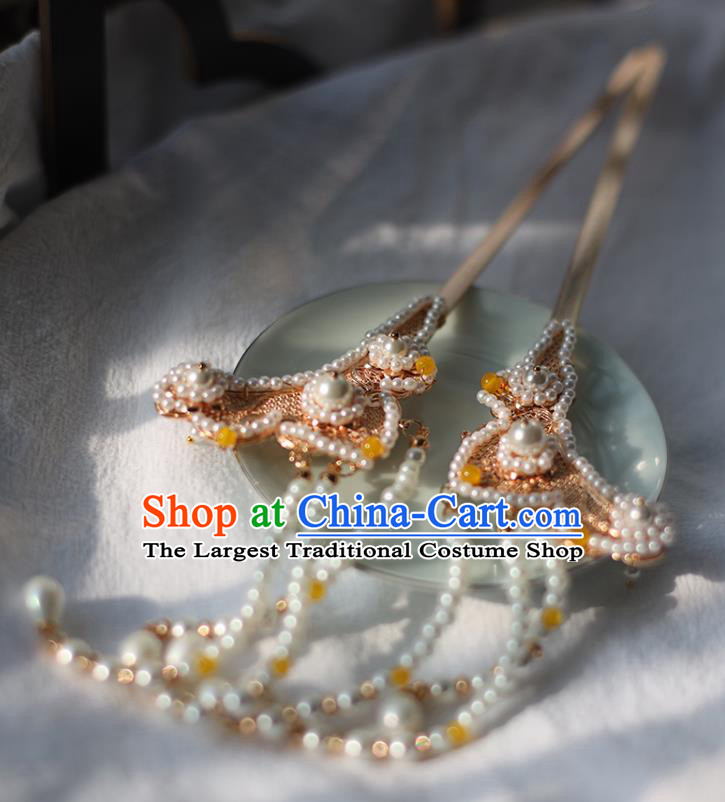 Handmade Chinese Song Dynasty Hair Clip Traditional Classical Hanfu Hair Accessories Ancient Empress Pearls Tassel Hairpins for Women