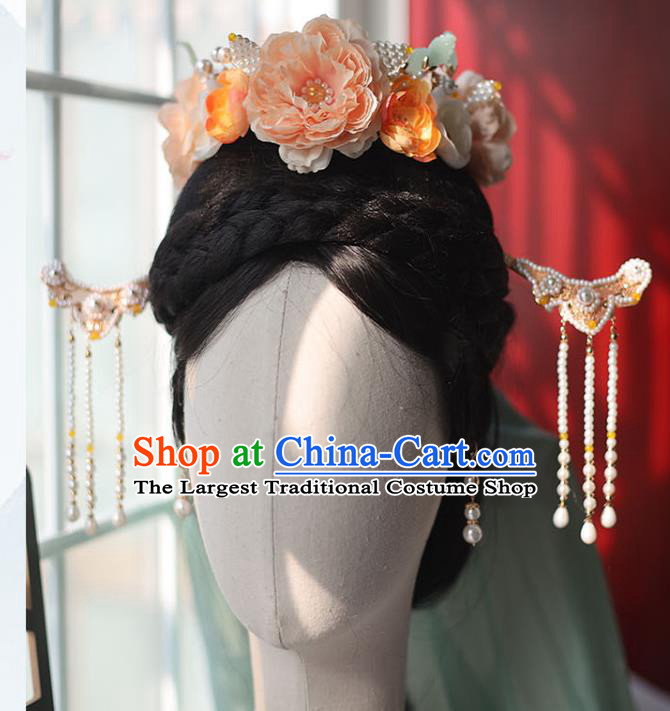 Handmade Chinese Song Dynasty Flowers Hair Crown Traditional Classical Hanfu Hair Accessories Ancient Empress Shell Hair Clasp for Women