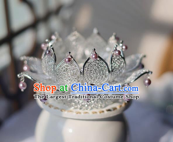 Handmade Chinese Classical Pink Pearls Lotus Hair Crown Traditional Hair Accessories Ancient Hanfu Hairpins for Women