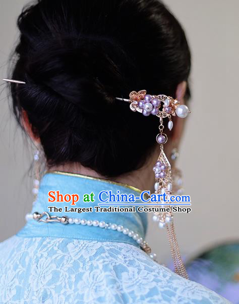 Handmade Chinese Classical Purple Beads Hair Clip Traditional Hair Accessories Ancient Hanfu Golden Tassel Pearls Hairpins for Women