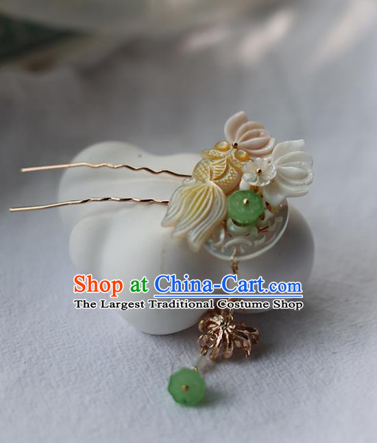 Handmade Chinese Tassel Hair Clip Traditional Classical Hanfu Hair Accessories Ancient Princess Shell Carving Goldfish Hairpins for Women