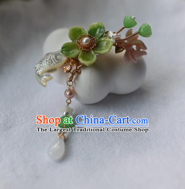 Handmade Chinese Green Lotus Hair Clip Traditional Classical Hanfu Hair Accessories Ancient Princess Shell Carving Fish Hairpins for Women