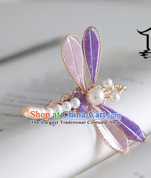 Handmade Chinese Classical Pearls Hairpins Traditional Hair Accessories Ancient Hanfu Purple Silk Dragonfly Hair Claw for Women