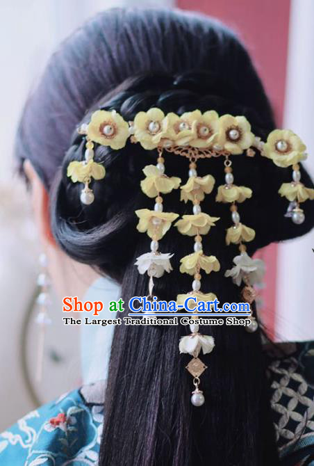 Handmade Chinese Classical Yellow Silk Wisteria Hair Claw Traditional Hair Accessories Ancient Hanfu Hairpins Tassel Hair Stick for Women