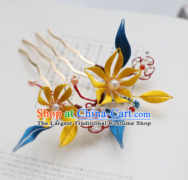 Handmade Chinese Classical Yellow Silk Flowers Hairpins Traditional Hair Accessories Ancient Qing Dynasty Court Hair Comb for Women