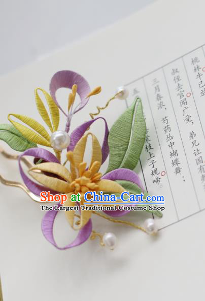 Handmade Chinese Classical Purple Silk Flowers Hairpins Traditional Hair Accessories Ancient Qing Dynasty Court Hair Clip for Women