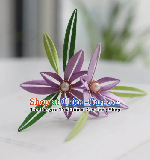 Handmade Chinese Classical Purple Silk Flowers Hairpins Traditional Hair Accessories Ancient Qing Dynasty Court Orchid Hair Clip for Women