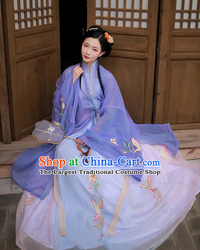 Chinese Traditional Ming Dynasty Hanfu Garment Ancient Noble Lady Historical Costumes Purple Long Blouse and Skirt Complete Set