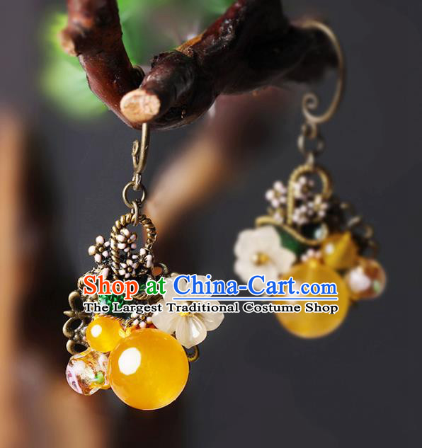 Traditional Chinese Ear Accessories Handmade Eardrop National Cheongsam Yellow Chalcedony Earrings for Women