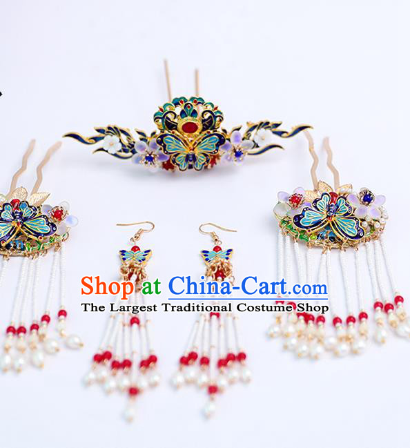 Chinese Classical Wedding Cloisonne Hair Crown Traditional Bride Hair Accessories Handmade Hanfu Butterfly Tassel Hairpins Full Set