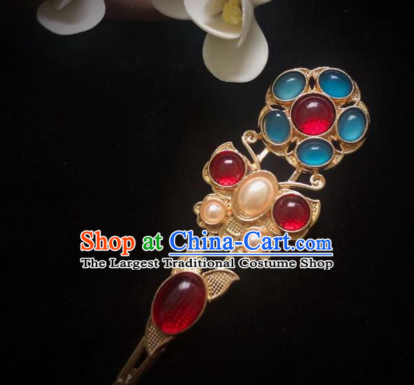 Handmade Chinese Tang Dynasty Golden Butterfly Hair Clip Traditional Hair Accessories Ancient Court Queen Agate Hairpins for Women