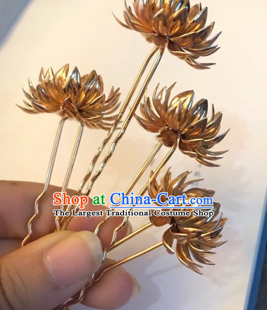 Handmade Chinese Tang Dynasty Princess Hair Clip Traditional Hair Accessories Ancient Court Golden Lotus Hairpins for Women