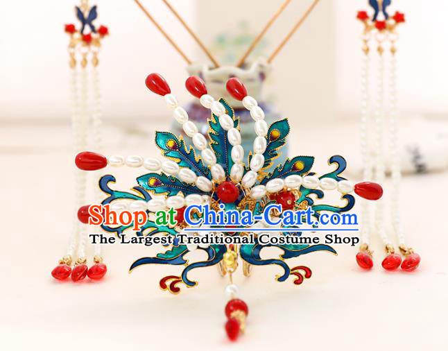 Chinese Classical Wedding Pearls Phoenix Hair Crown Traditional Bride Hair Accessories Handmade Hanfu Cloisonne Hair Comb