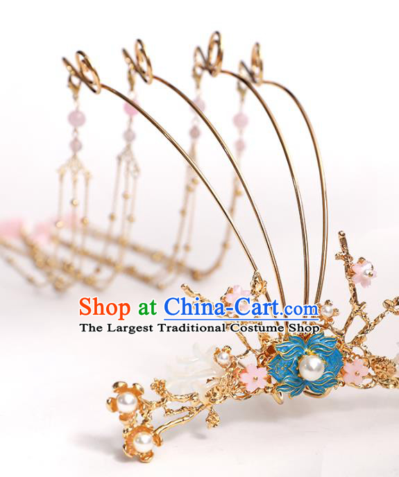 Chinese Classical Wedding Golden Tassel Hair Crown Traditional Bride Hair Accessories Handmade Hanfu Cloisonne Phoenix Coronet