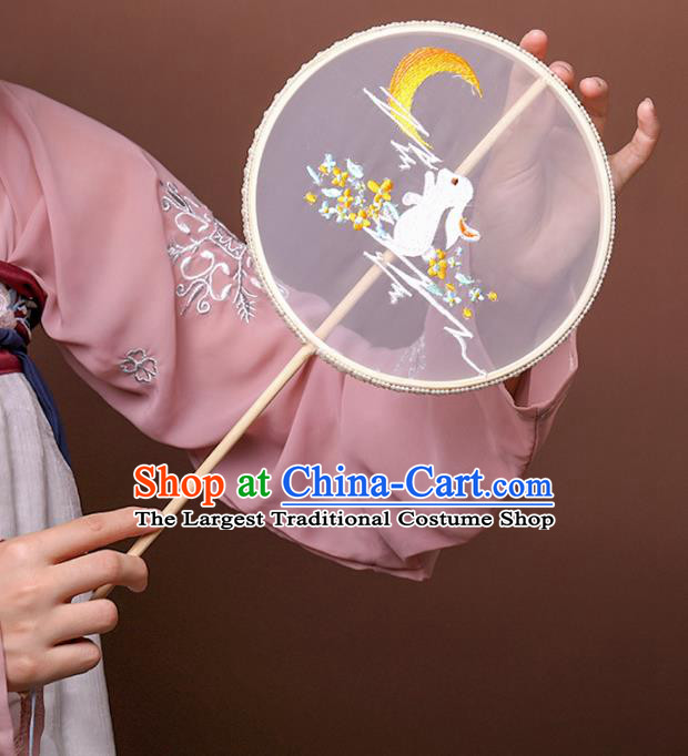 Handmade Chinese Traditional Dance Silk Fan Accessories Decoration Hanfu Embroidered Rabbit Moon Palace Fan for Women