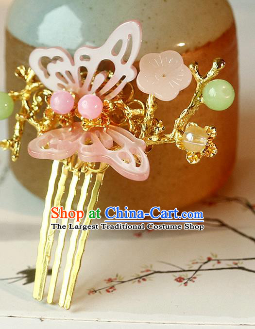 Handmade Chinese Classical Pink Shell Butterfly Hair Comb Traditional Hair Accessories Ancient Hanfu Hairpins for Women