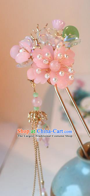 Handmade Chinese Classical Pink Plum Hair Clip Traditional Hair Accessories Ancient Hanfu Tassel Hairpins for Women