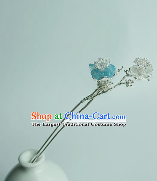 Handmade Chinese Blue Plum Hair Clip Traditional Hair Accessories Ancient Hanfu Classical Argent Hairpins for Women