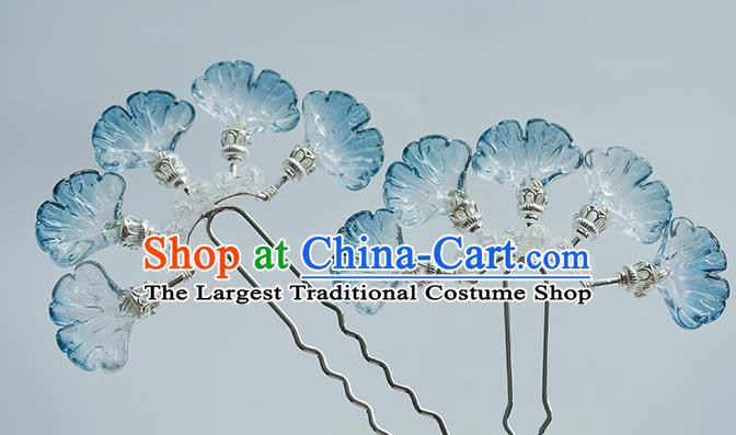 Handmade Chinese Blue Ginkgo Leaf Hair Clip Traditional Hair Accessories Ancient Hanfu Classical Argent Hairpins for Women