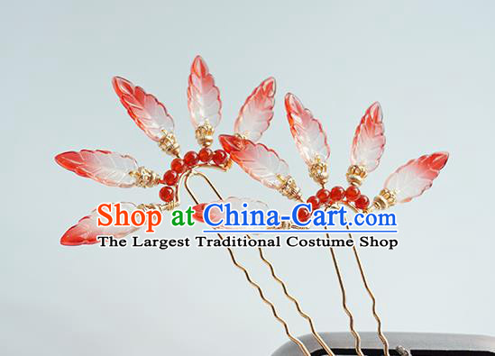 Handmade Chinese Red Leaf Hair Clip Traditional Hair Accessories Ancient Hanfu Classical Argent Hairpins for Women