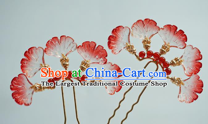 Handmade Chinese Red Ginkgo Leaf Hair Clip Traditional Hair Accessories Ancient Hanfu Classical Argent Hairpins for Women