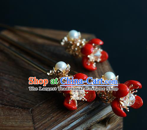 Handmade Chinese Crystal Hair Clip Traditional Hair Accessories Ancient Hanfu Classical Red Flowers Hairpins for Women