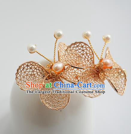 Handmade Chinese Pearl Hair Clip Traditional Hair Accessories Ancient Hanfu Classical Golden Butterfly Hairpins for Women