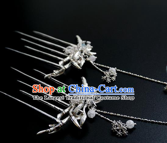 Handmade Chinese Argent Bamboo Hair Comb Traditional Hair Accessories Ancient Hanfu Classical Tassel Hairpins for Women