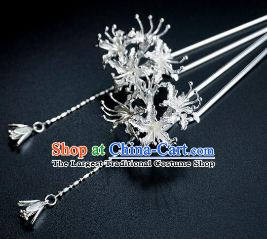 Handmade Chinese Argent Manjusaka Hair Clip Traditional Hair Accessories Ancient Hanfu Classical Tassel Hairpins for Women