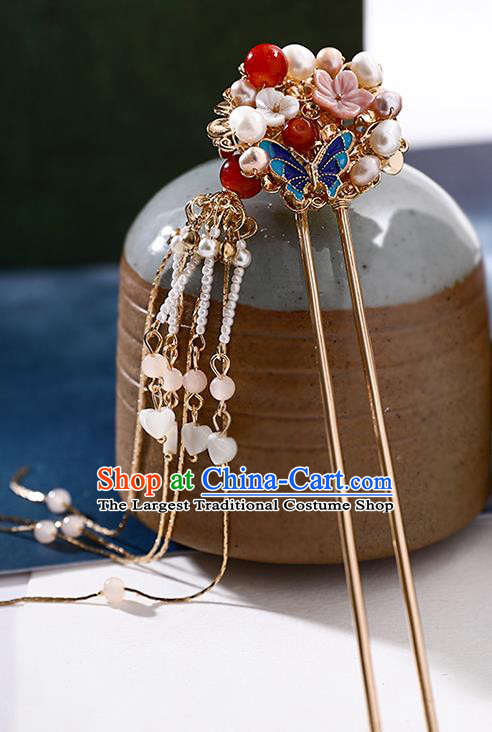 Handmade Chinese Classical Pearls Hair Clip Traditional Hair Accessories Ancient Hanfu Tassel Shell Hairpins for Women