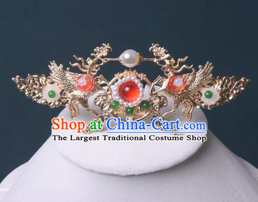 Chinese Traditional Hanfu Golden Phoenix Hair Crown Hair Accessories Handmade Ming Dynasty Pearls Hairpins for Women