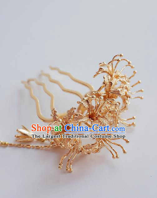 Handmade Chinese Tang Dynasty Golden Manjusaka Hair Comb Traditional Hair Accessories Ancient Court Hairpins for Women