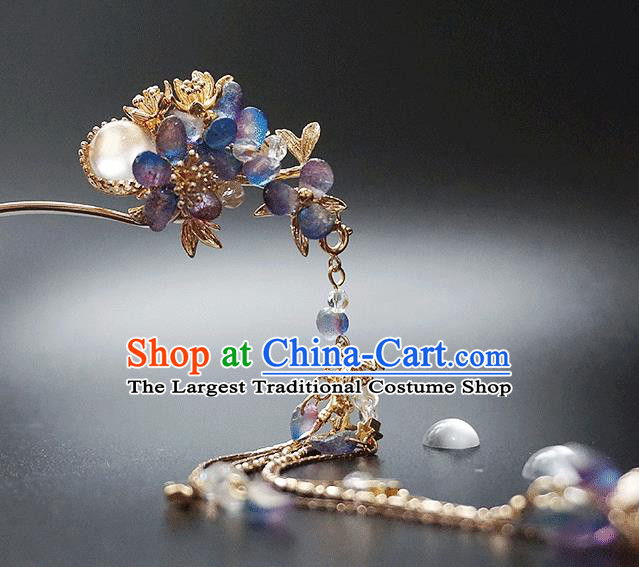 Handmade Chinese Purple Flower Tassel Hair Clip Traditional Hair Accessories Ancient Hanfu Opal Hairpins for Women