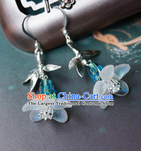 Chinese Handmade Hanfu Light Blue Glass Earrings Traditional Ear Jewelry Accessories Classical Flower Eardrop for Women