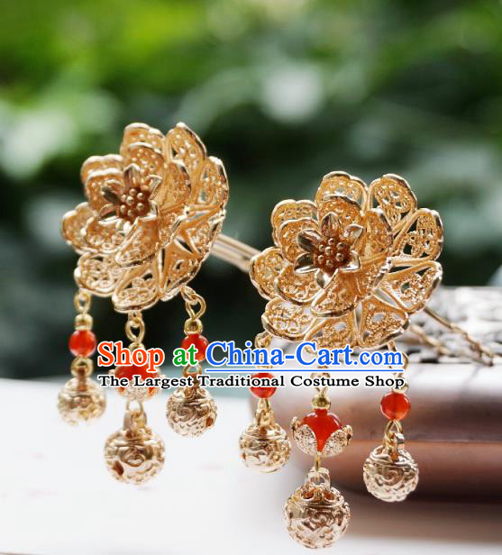 Handmade Chinese Golden Peony Tassel Hair Clip Traditional Hair Accessories Ancient Tang Dynasty Court Hairpins for Women