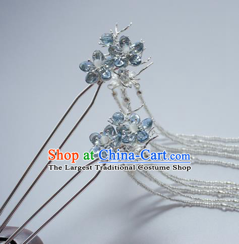 Handmade Chinese Hanfu Blue Plum Hair Clip Traditional Hair Accessories Ancient White Beads Tassel Hairpins for Women