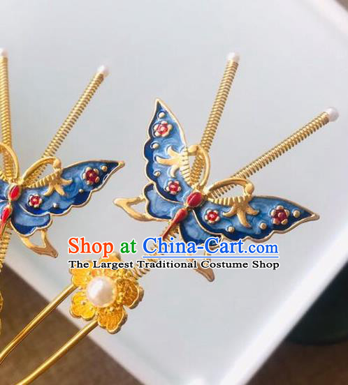 Handmade Chinese Qing Dynasty Court Hair Clip Traditional Hair Accessories Ancient Princess Blueing Butterfly Hairpins for Women