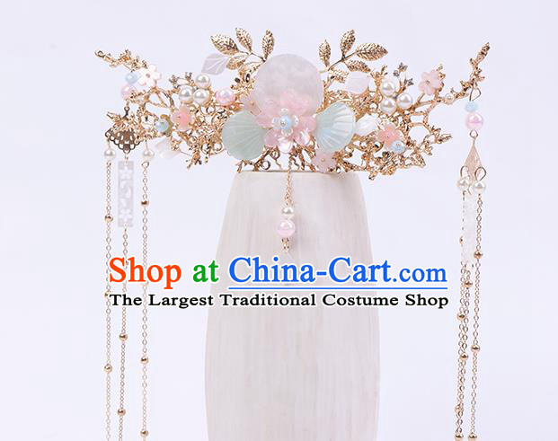 Chinese Classical Wedding Shell Hair Crown Handmade Traditional Bride Hair Accessories Golden Tassel Phoenix Coronet