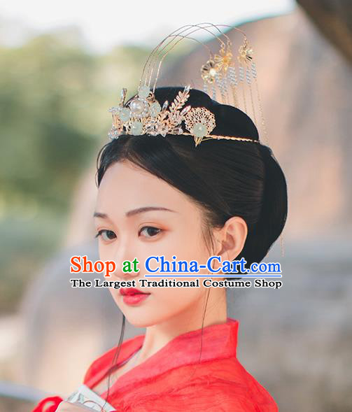 Chinese Classical Green Flowers Hair Crown Handmade Traditional Court Hair Accessories Golden Tassel Phoenix Coronet