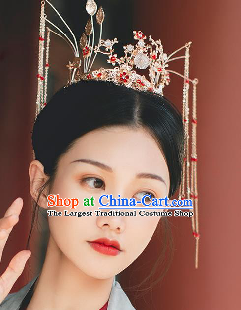 Chinese Classical Wedding Golden Hair Crown Hairpins Handmade Traditional Court Hair Accessories Bride Phoenix Coronet