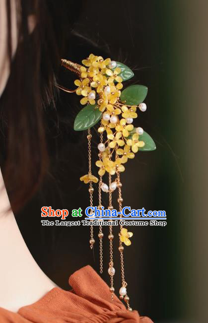 Handmade Chinese Cheongsam Yellow Fragrans Hair Clip Traditional Hanfu Hair Accessories Pearls Tassel Hairpins for Women