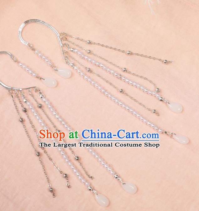 Traditional Chinese White Beads Ear Accessories Handmade Tassel Eardrop Ancient Female Swordsman Earrings for Women