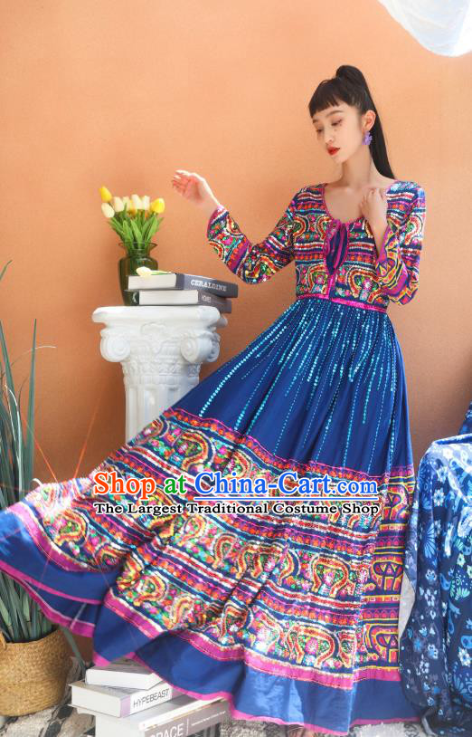 Thailand Traditional Sequins Deep Blue Dress Asian Thai National Beach Dress Photography Costumes for Women