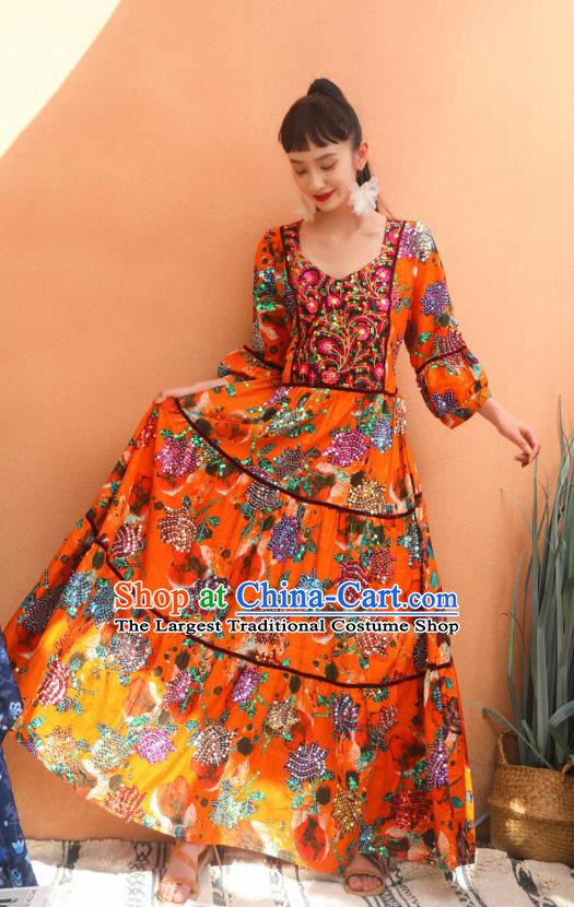 Thailand Traditional Embroidery Sequins Roses Orange Dress Asian Thai National Beach Dress Photography Costumes for Women