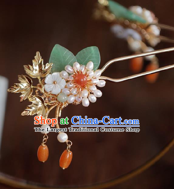 Handmade Chinese Cheongsam Golden Hair Clip Traditional Hanfu Hair Accessories Pearls Agate Hairpins for Women