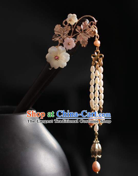 Chinese Cheongsam Pearls Tassel Ebony Hair Clip Traditional Hanfu Hair Accessories Handmade Shell Plum Hairpins for Women