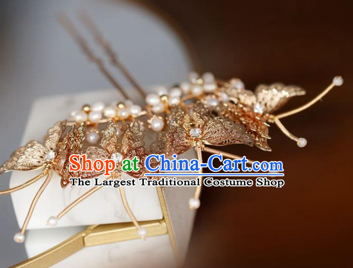 Handmade Chinese Cheongsam Pearls Hair Clip Traditional Hanfu Hair Accessories Golden Butterfly Hairpins for Women