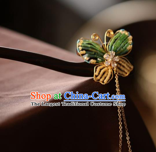 Handmade Chinese Cheongsam Beads Butterfly Hair Clip Traditional Hanfu Hair Accessories Golden Tassel Ebony Hairpins for Women