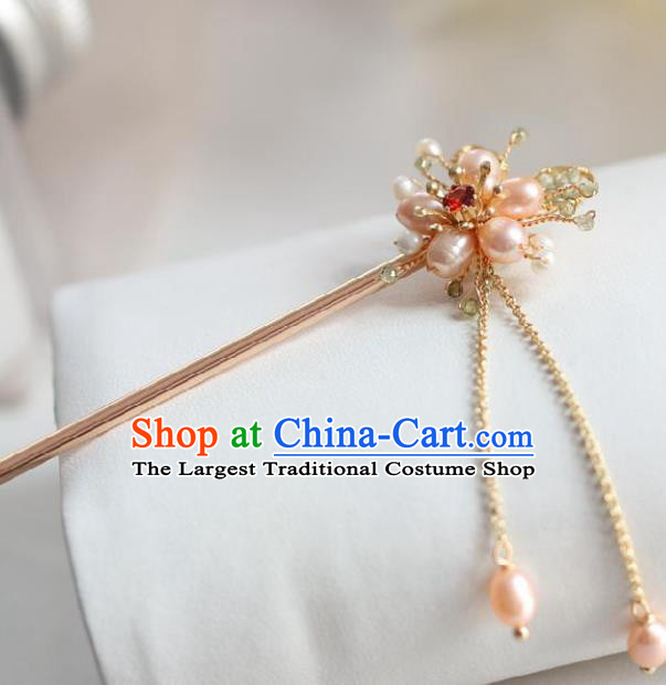 Chinese Cheongsam Pink Pearls Hair Clip Traditional Hanfu Hair Accessories Handmade Golden Hairpins for Women