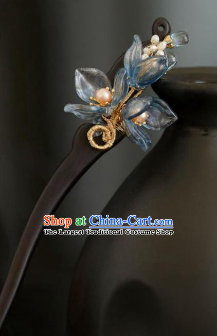 Chinese Cheongsam Ebony Hair Clip Traditional Hanfu Hair Accessories Handmade Blue Yulan Magnolia Hairpins for Women